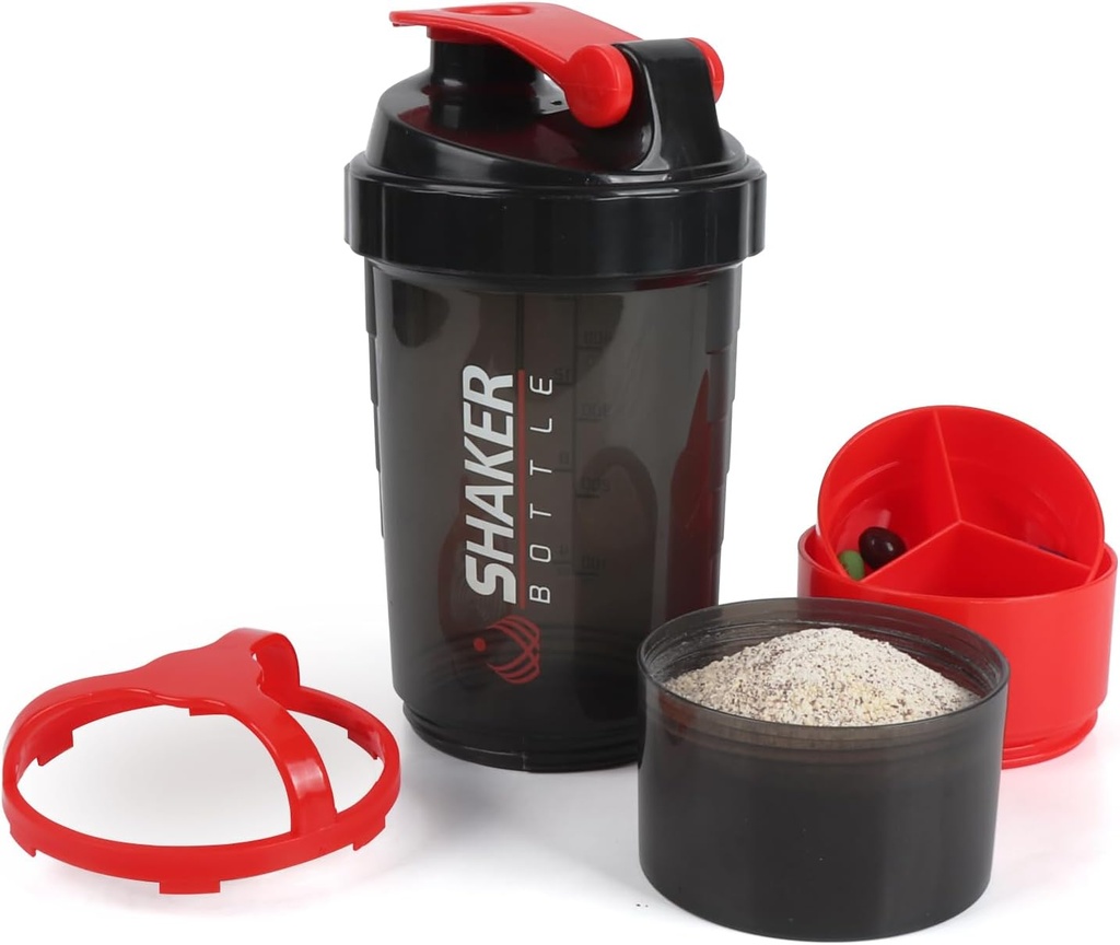 Butelka Shaker, 16oz Butelki shaker protein z mieszania Ball, 3 w 1 szczelność GYM Shake Cup z proszkowego przechowywania i toreb, Idealny do treningu, BPA wolna czerwony