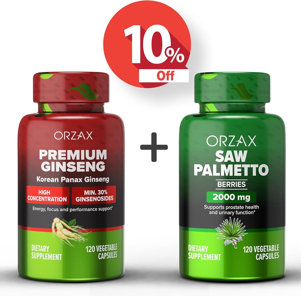ORZAX Ginseng, 30% Ginsenozydy 120 Kapsułki wegetatywne i Piła Palmetto 2000 mg 120 Kapsułki warzywne, Bundle