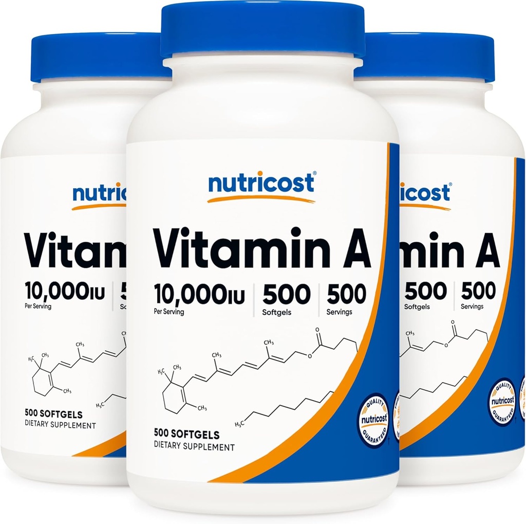 Nutricost Witamina A 10 000 j.m., 500 Softgeli (3 butelki)