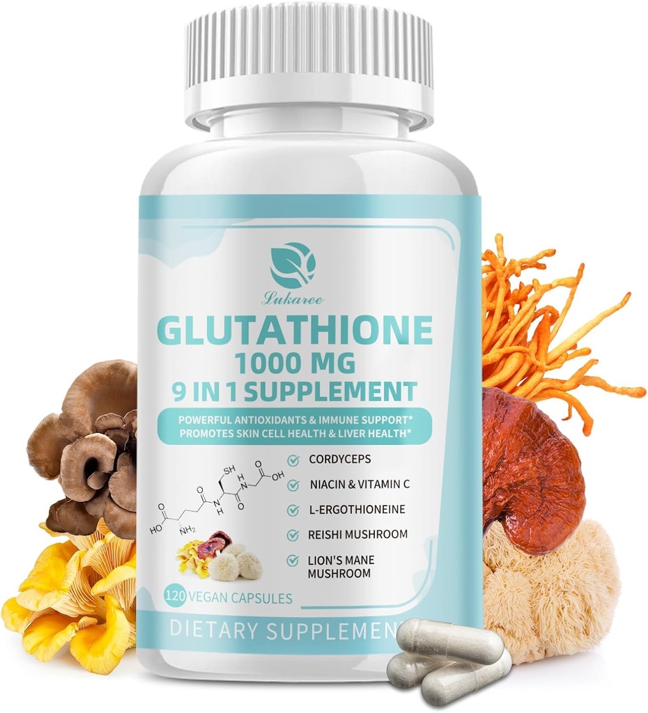 Glutation Supplement 1000 mg, Mushroom Supplement with Witamina C, Niacyna - Detox wątroby, Immune Support and Antioksydant, Reduced L-Glutathione 120 Vegan kapsułki - Nie GMO