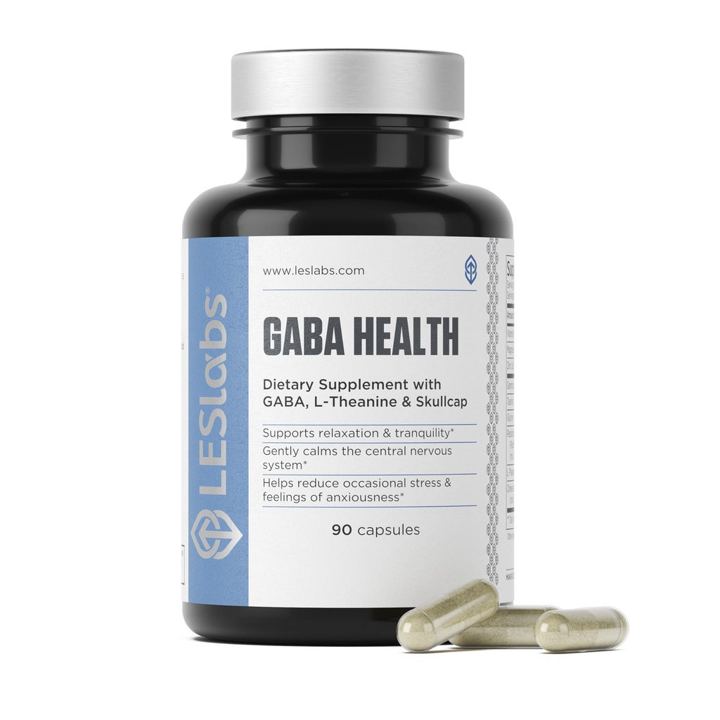 LES Labs GABA Health - Spokojnie Umysł & Relaks, Relief stresowy, Neuroprzekaźnik Wsparcie & Głęboki Sen - GABA, Tauryna, Passionflower, Skullcap, L- Theanine & Magnez - Suplement Non-GMO - 90 Kapsułki