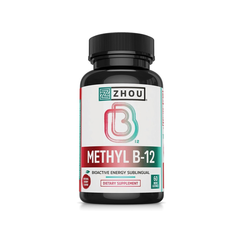 Zhou Metyl B12 - Metyl B- 12 Suplement dla Kobiet i Mężczyzn, Witamina B12 5000 mcg, Wegańskie Przyjazne, Energia komórkowa i Nerwy Wsparcie funkcji, Metylkobalamina - 60 Micro Lozenges
