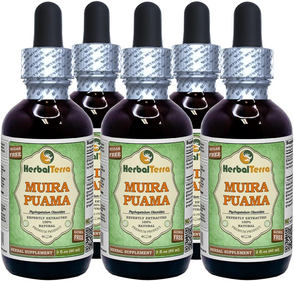 Muira Puama (Ptychopetalum Olacoides) Glicerite, Organic Alcohol Free Liquid Extract (Nazwa marki: HerbalTerra, Proudly Made in USA) 5x2 fl.oz (5x60 ml)