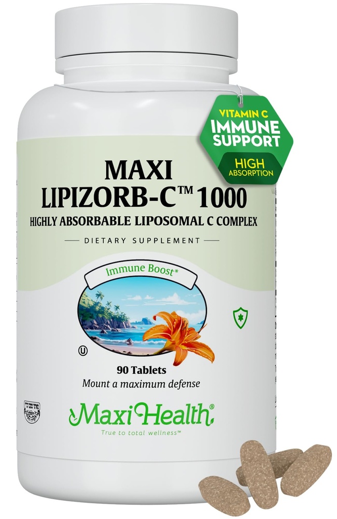 Maxi Health Witamina Liposomalna C 1000mg Tabletki z mieszanką spożywczą, Wysoka Absorbowalna Wysoka dawka VitaminC, Nie GMO Kosher Vegetarian Doctor- Spreparowane suplement wsparcia immunologicznego (90 Count)