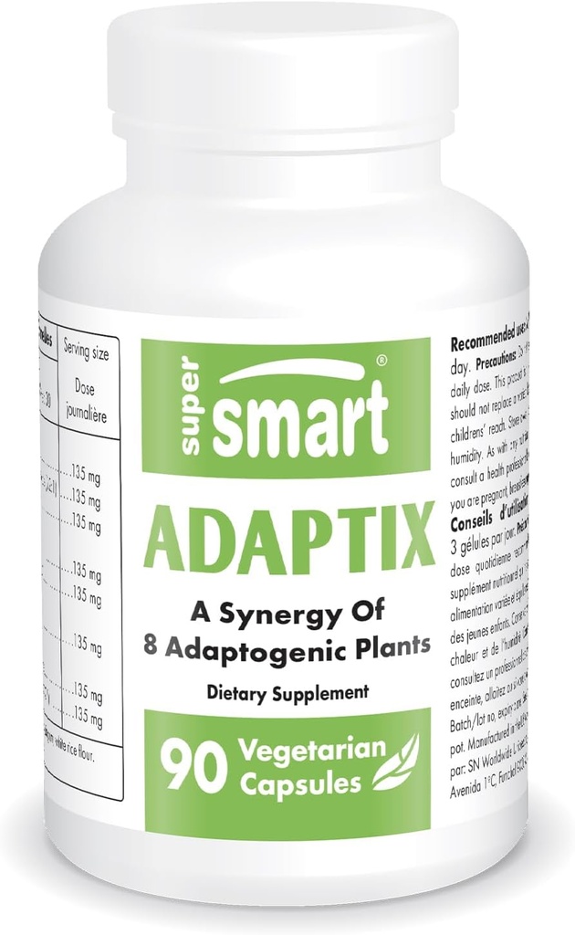 Supersmart Adaptix (Advanced Formula) - 8- in-1 Ekstrakty roślinne - Adaptogen Herbs with Ashwagandha, Astragalus, Ginseng, Reishi Birth124; Non- GMO & Gluten Free - 90 Kapsułki wegetariańskie