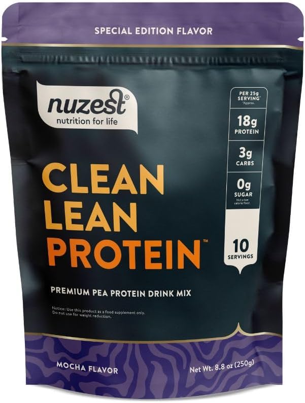 Nuzest - Proszek z protein grochowych - Białko o czystej glebie, Proszek z protein opartych na roślinach wegetariańskich Premium, Bezmleczny, Bezglutenowy, Bezdrobnoustrojowy Wstrząs białkowy GMO, Mocha, 8.8 oz