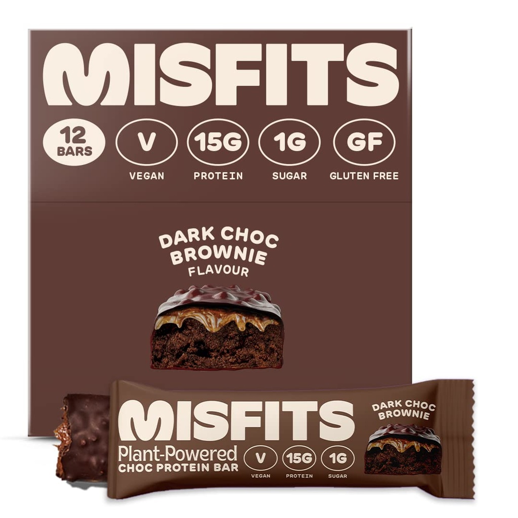 Misfits Wegan Protein Bars, Dark Chocolate Brownie - Oryginalny przepis 124; Gluten Free, Plant Based, Niski cukier & Carb, Wysokie przekąski Fiber 124; Opakowanie 12