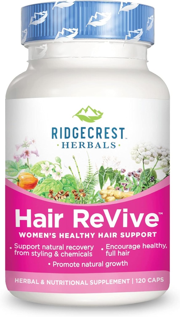 RidgeCrest Herbals Hair Revive, Nutritional Hair Supplement with Witamina C, Biotin (6000mcg), Cynk, i miedzi, Witaminy włosów dla kobiet do wspierania zdrowych włosów, skóry i paznokci (120 Czapki, 30 Słupki)