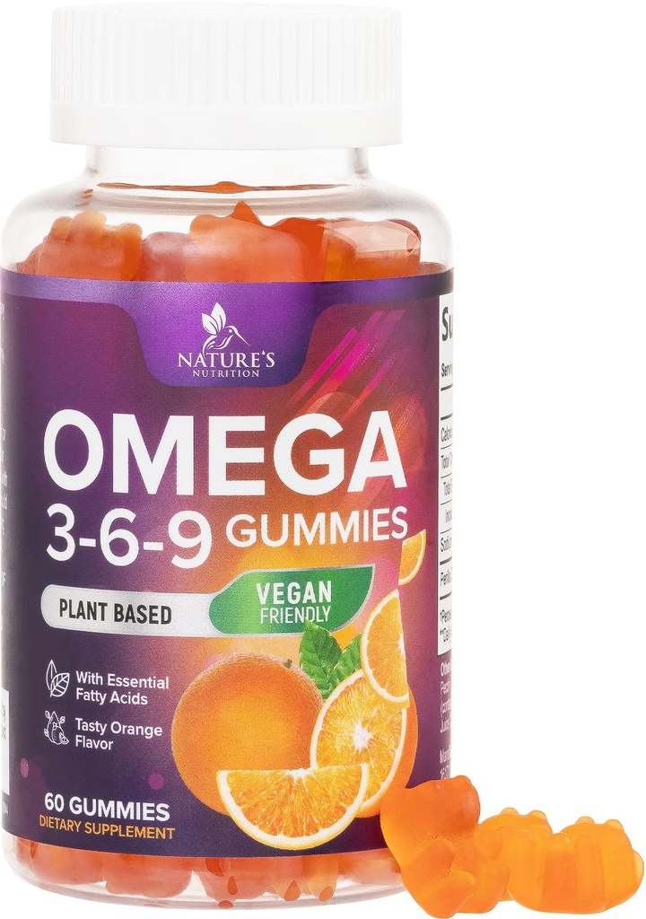 Omega 3 6 9 Gummies - Wegan Omega 3 Suplement Gummy - Esencjalny tłuszcz Acids Oil 369 Complex Heart Support & Brain Support for Wolny od GMO, Pomarańczowy - 60 Gummies