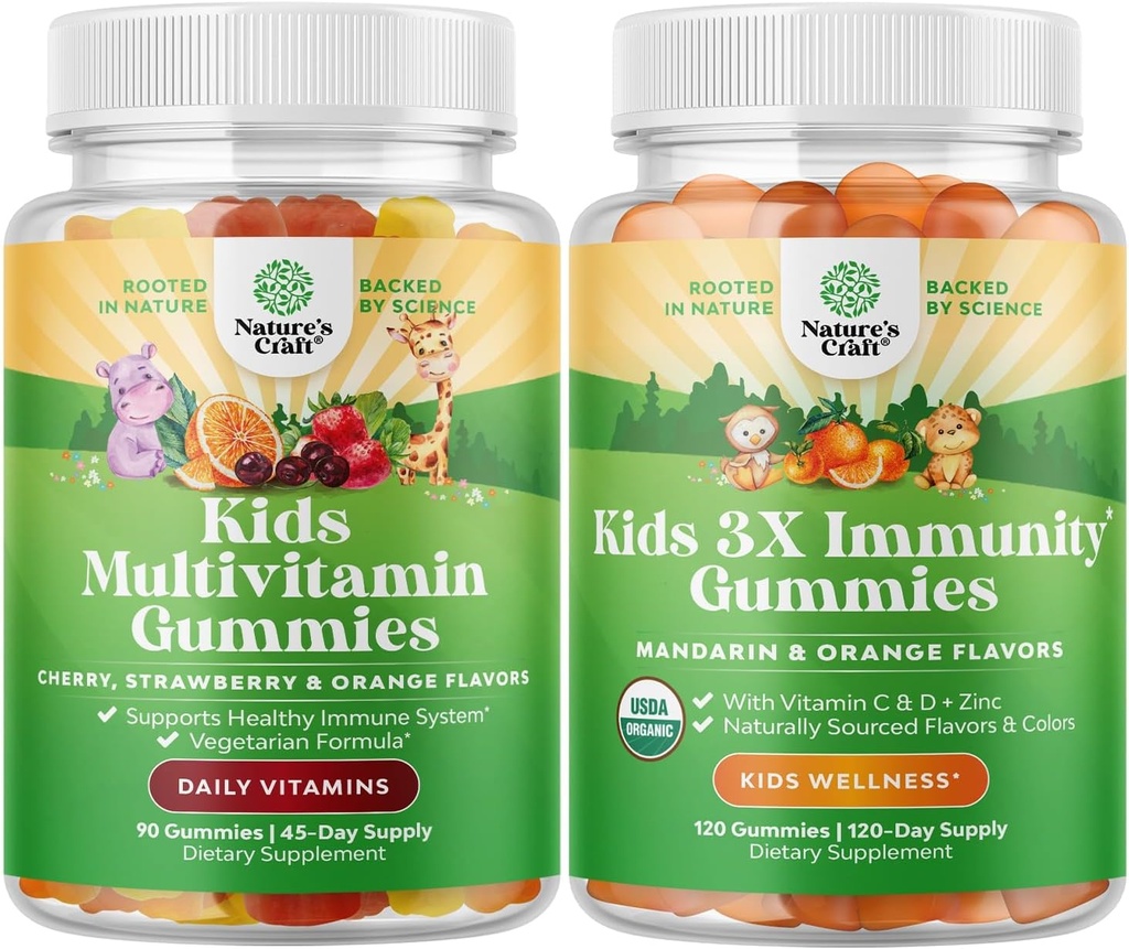 Grupa dzieci na bazie roślin Gummie multiwitaminowe - z witamin A, C, D3, E, B6 i B12, Cynk i jodu i Organic Kids Immune Support Gummies - Wegańska organiczna witamina D z witaminą C i cynku