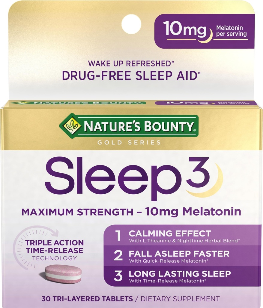 Nature 's Bounty Melatonin, Sleep3 Maksymalna moc 100% beznarkotykowa pomoc na sen, L- Theanine & Nighttime Herbal Mieszanka Technologia uwalniania czasu, 10mg, 30 Tabletki trójwarstwowe