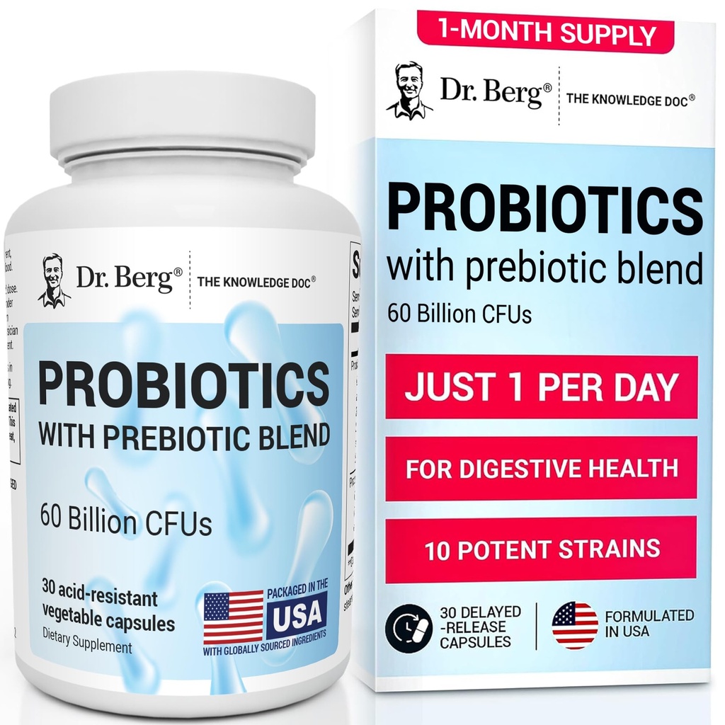 Dr Berg Probiotic Supplement (60 Billion CFU) - Pomaga złagodzić sporadyczne zaparcia, Biegunka, Gaz & Bloating * - Pre i Probiotyki dla zdrowia trawiennego - 30 Kapsułki probiotyczne