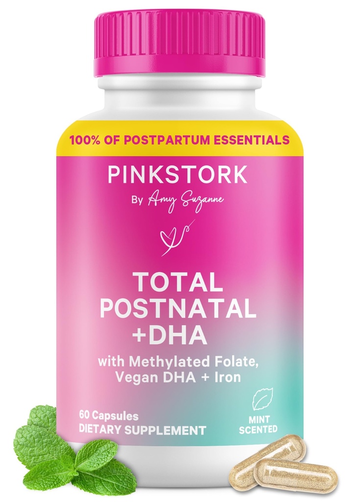 Pink Stork Total poponatalne witaminy dla kobiet 124; Wegan DHA, Methylled Folate, Żelazko, + Witamina B12 Bilans 124; Popartum Recovery Essentials + Karmienie piersią Support 124; Mint, 1- Miesiąc Dostawy