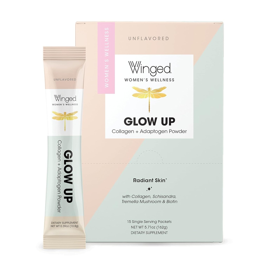 Skrzydlaty połysk w proszku Collagen 124; Lepsze włosy, skóra, paznokcie dla kobiet 124; Kolagen z trawy Peptydy W / Adaptogen Schisandra, Grzyb śnieżny, Witamina C i Biotin 124; Unflavored, Non Gmo, 15 Count