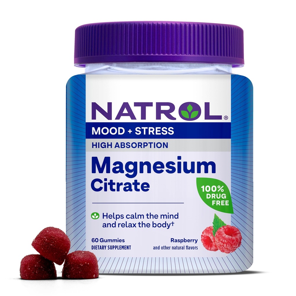 Natrol Magnezu Citrate, Wysoka Absorpcja Magnezu Suplement do nastrojów i stresu, Pomaga uspokoić umysł i zrelaksować ciało, 60 Raspberry- aromatyczne gumki, Aż do 30 Day Supply
