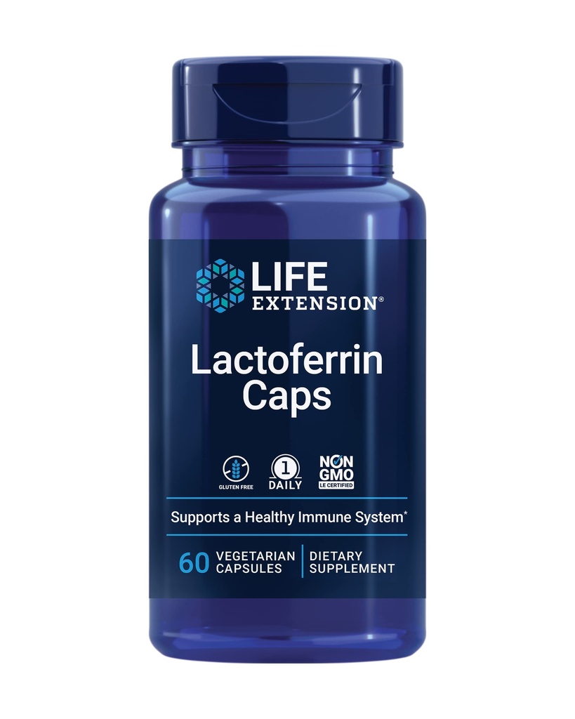 Przedłużenie życia Laktoferryna Czapki, Zdrowa odpowiedź immunologiczna, GI Wsparcie, Vision Health, Gluten- Free, Non-GMO, 1 -Daily, Wegetarianin, 60 Kapsułki