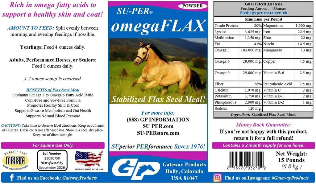 SU- PER OmegaFLAX Flax dla koni - Premium stabilizowany Flax Seed Meal & Omega 3 Suplement - Wspiera zdrową skórę i płaszcz - 15 funtów
