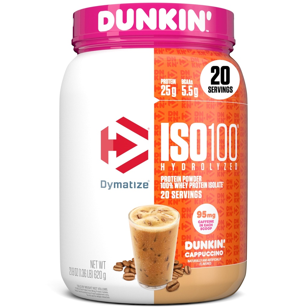 Dimatize x Dunkin 'Cappuccino ISO100 Proszek białka serwatki, 95mg kofeiny, 25g białka 5,5g BCAA, 120 Cal., Gluten Free, 1g tłuszczu, 1g cukru, 2g karb (20 Sług)