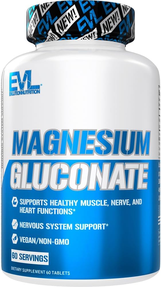 Evlution Nutrition Magnezu Glukonian - Mięśnie + Nerve + Suplement do Zdrowia Serca - Wsparcie układu nerwowego - Wegan & Non-GMO - 60 Służenie