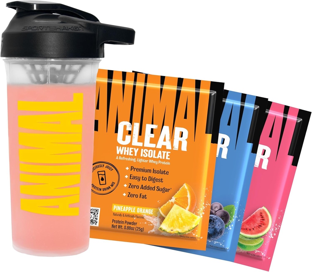 Animal Clear Whey Protein Isolate Sampler Pack & Shaker Butelka - Delicily Juicy 20g Protein, Arbuz Limeade, Acai Acai, Ananas Orange, 3 Pojedyncze opakowania