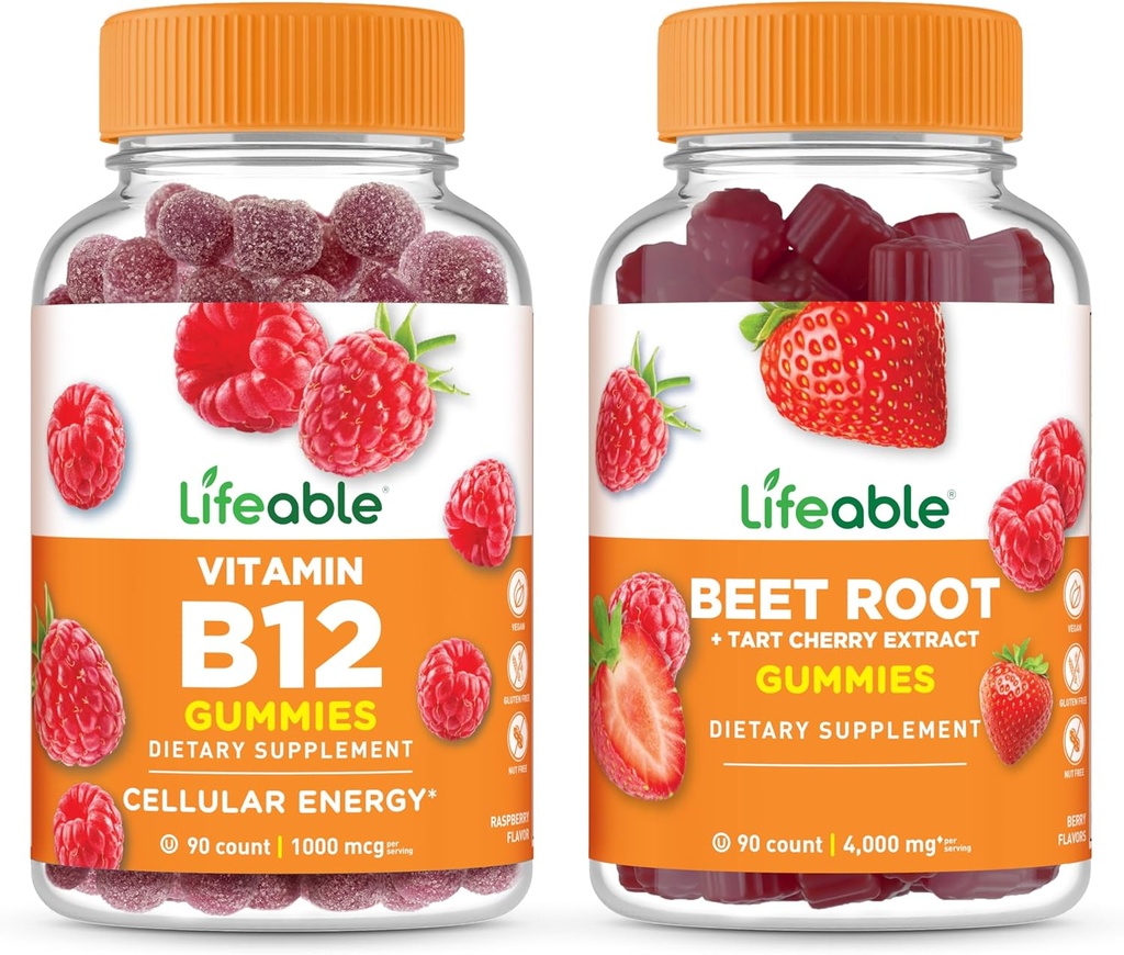 Żywa witamina B12 + korzeń buraków, Gummies Bundle - Great Desting, Suplement witaminy, Gluten wolny, GMO wolny, Chewable