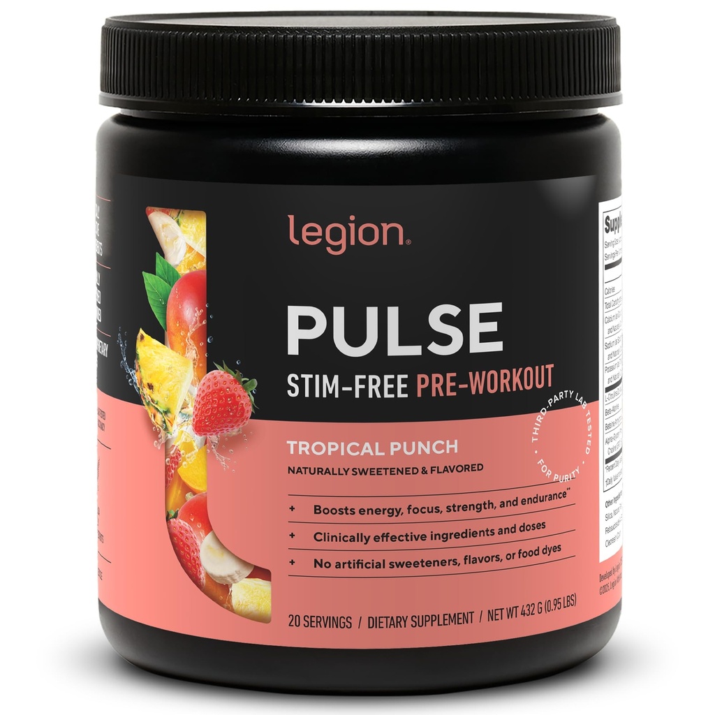 LEGION Pulse Pre Workout Supplement - All Natural Nitric Oxide Preworkout Drink to Boost Energy, Creatine Free, Naturally Sweetened, Beta Alanine, Citrulline, Alpha GPC (Caffeine Free Tropical Punch)