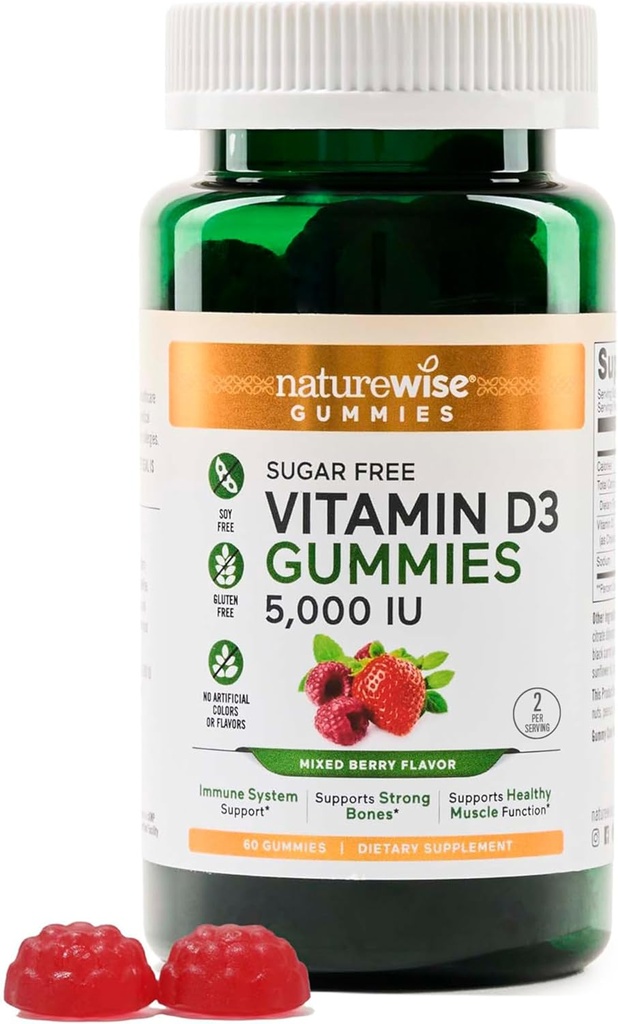 NatureWise Witamina D3 5000 IU Gummie - Bezcukrowy mieszany aromat jagodowy - Gummie witaminy D dla dorosłych, Wspiera odporność, mięśnie i wytrzymałość kości - Żelatyna wolna, Non-GMO- 60 Gummies [1- Miesiąc dostaw]