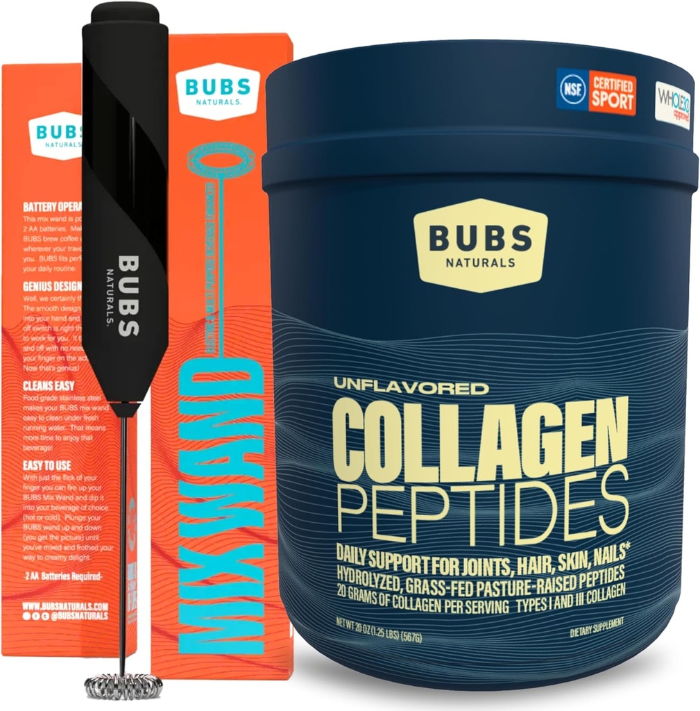 BUBS Naturals Collagen Peptydes Powder & Mixing Wand Bundle, Collagen for Women & Men, Zhydrolizowane Peptydy, Niesmakowane Pasture Raised Grass Fed, Keto Friendly, 20 Oz Colagen Tub (28 Sług) + 1 Róg