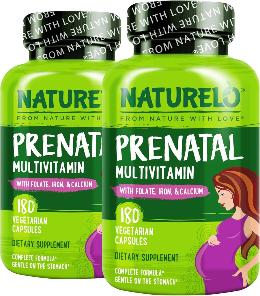 NATURELO Prenatal Multivitamin z łagodnym żelazem chelatowanym, Metylem Folate, Roślina Wapń & Cholina - Wegan, Wegetarianin - Non-GMO - Gluten Free - 180 Kapsułki - 4 Miesiąc dostawy (Opakowanie 2)