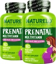 NATURELO Prenatal Multivitamin z łagodnym żelazem chelatowanym, Metylem Folate, Roślina Wapń & Cholina - Wegan, Wegetarianin - Non-GMO - Gluten Free - 180 Kapsułki - 4 Miesiąc dostawy (Opakowanie 2)