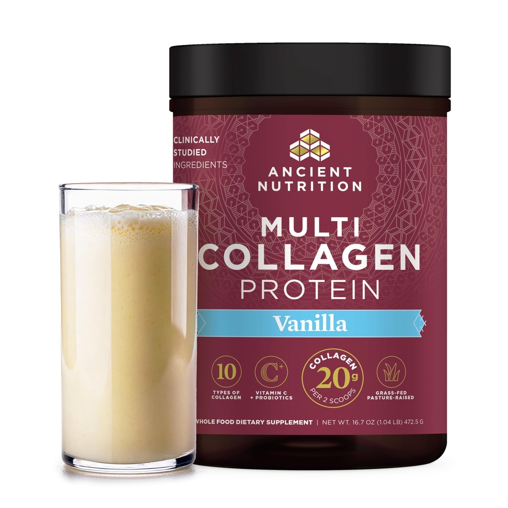 Ancient Nutrition Collagen Peptydes Proszek, Białko multi Kolagen, Kobiety i mężczyźni, Witamina C, Probiotyki, Zhydrolizowane Kolagen, Wspiera Skóra, Łączniki, Gut Zdrowie, Wanilia, 45 Sługi