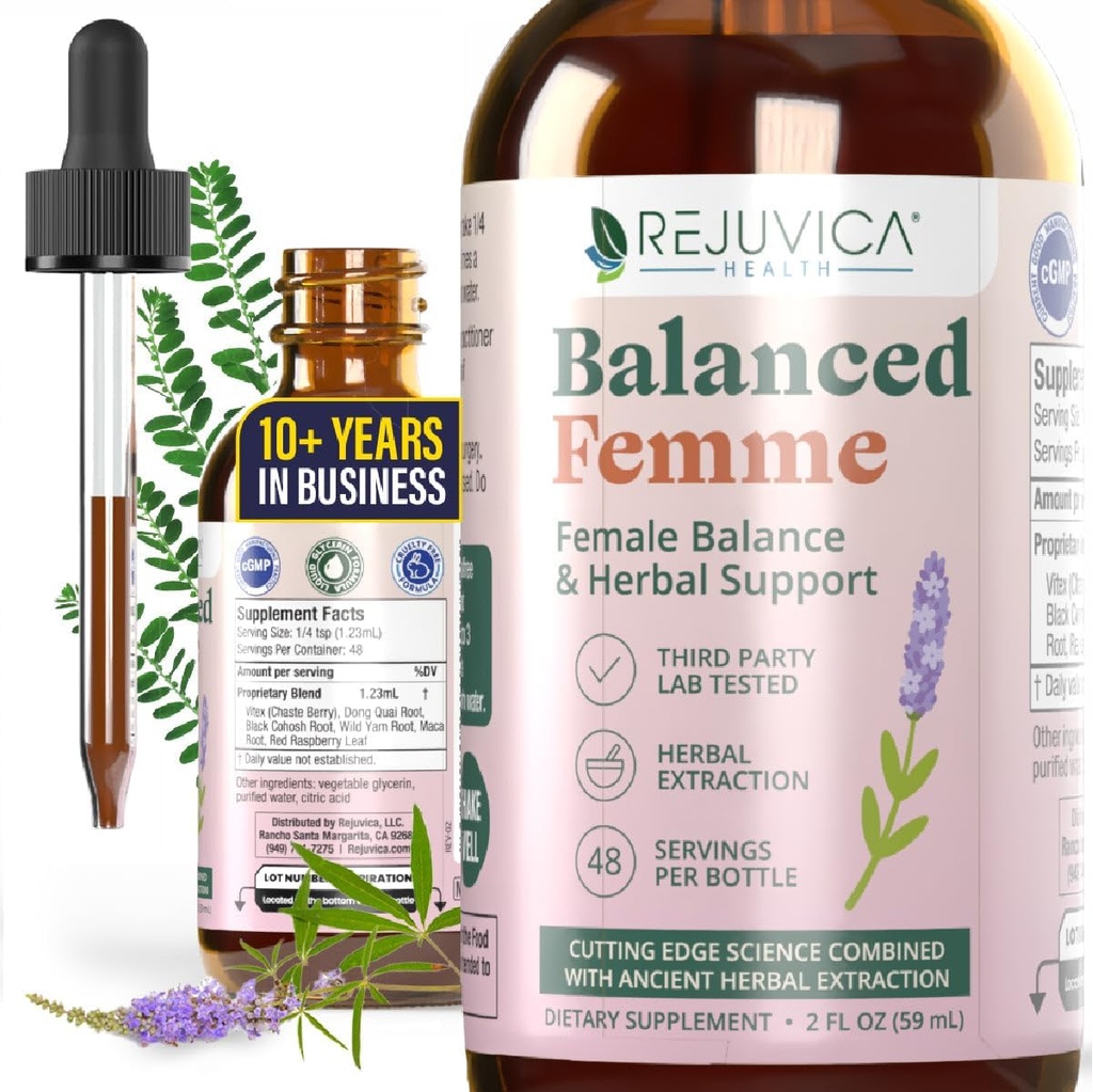 Rejuvica Health Balanced Femme - Advanced Kobieta Balance Supplement Supplement - Liquid Delivery for Better Absorption - Vitex, Dong Quai, Black Cohosh, Maca Wild Yam & More!
