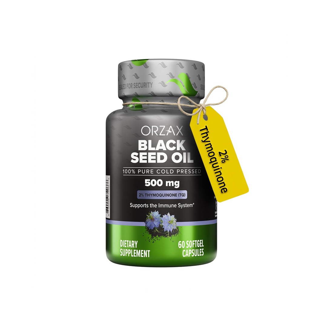 ORZAX Olej z nasion czarny tłoczony na zimno 100% Czysty 124; Non-GMO - bogaty w Omega 3 6 9 & Thymoquinone 124; Czarny Cumin Nigella Sativa oleju do wsparcia immunologicznego, Włosy, Skóra, Twarz (500 mg - 60 kapsułki Softgel)