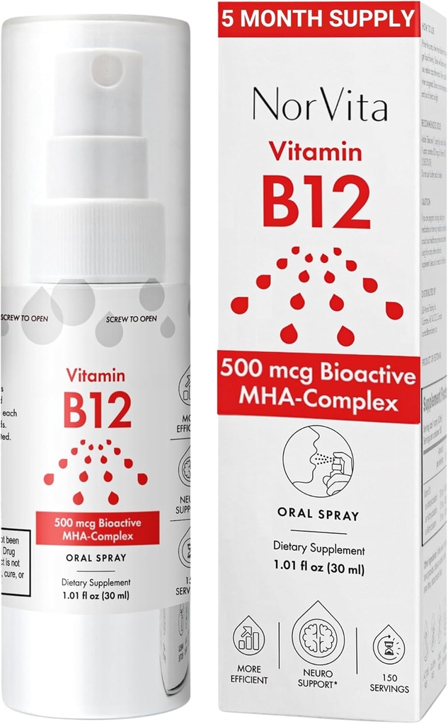 Witamina B12 Spray 500 µg (150 Servings) - Szybka absorpcja kompleksu MHA (Metylokobalamina, Hydroksykobalamina, Adenozylkobalamina) - Wegan, Non-GMO, Suplement płynny B12