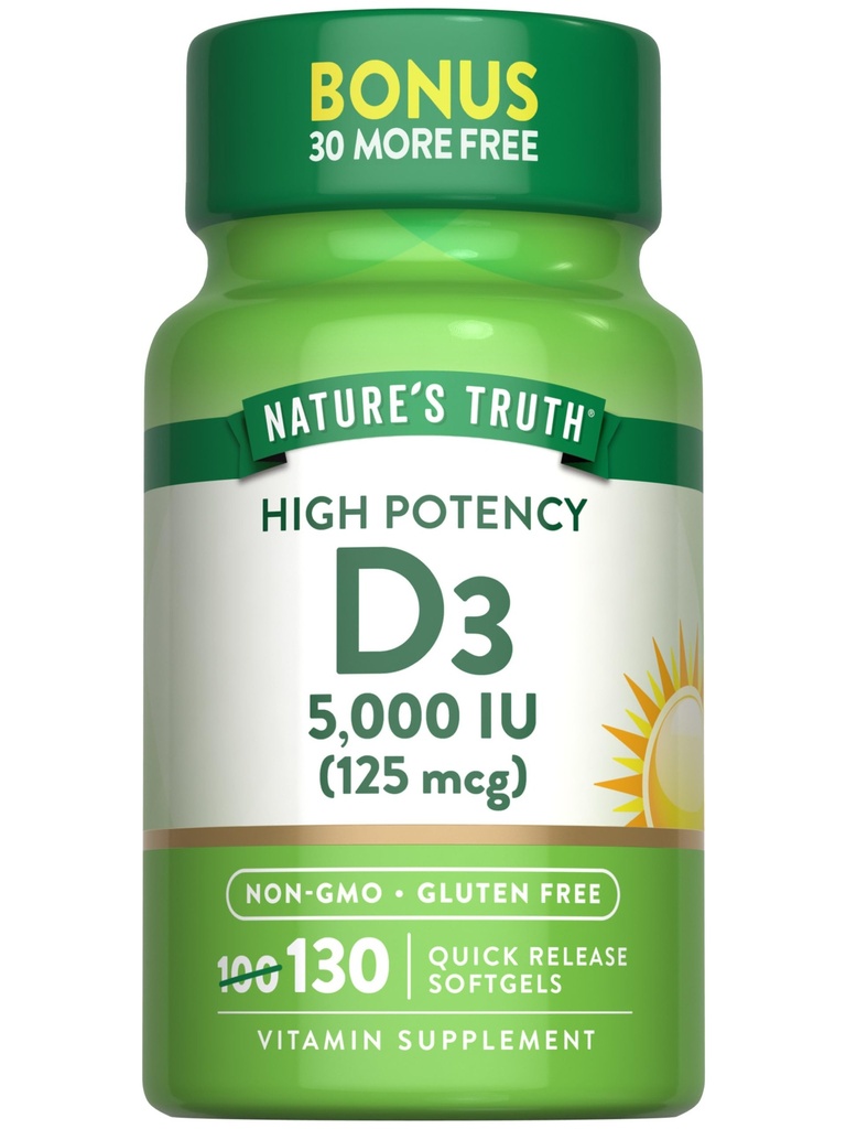 Nature 's Truth Witamina D3 5000 IU Softgels 124; 130 Hrabia 124; Wysoka potencja 124; Non-GMO & Gluten