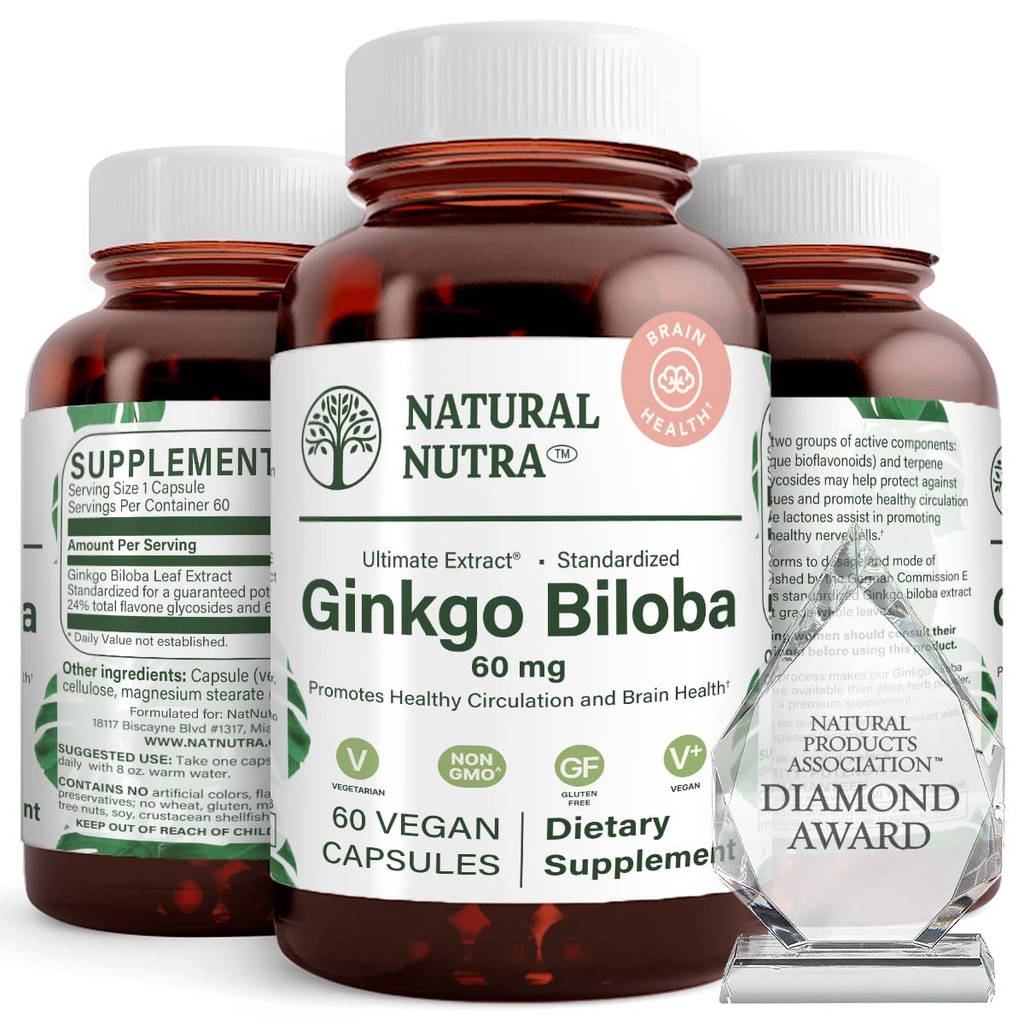 Natural Nutra Ginkgo Biloba, Poprawia cyrkulacja do mózgu i zwiększa pamięć, Zwiększa przepływ tlenu, i zwiększenie funkcji mózgu, Wsparcie Nerve Health, Wegan i gluten Free, (60) Kapsułki
