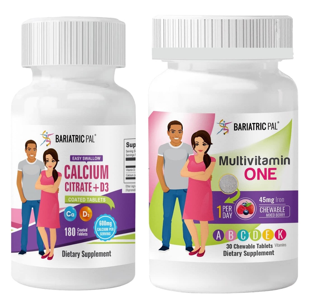 BariatricPal 30- Day Bariatric Witamina Bundle Multivitamina One 1 dziennie! Do żucia 45 mg żelaza - mieszanka jagód i łatwe połknięcie cytrynianu wapnia (600mg) i D3 tabletki powlekane