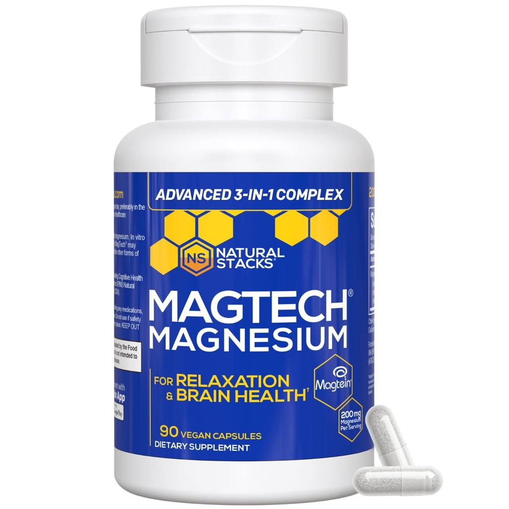 Magnezu Magtein L- Threonian, Glicynian i Taurat - 200mg Chelated Magnezu Complex - MagTech Magnezu Suplement do Relaksji i Zdrowia Mózgu - 90 Kapsułki