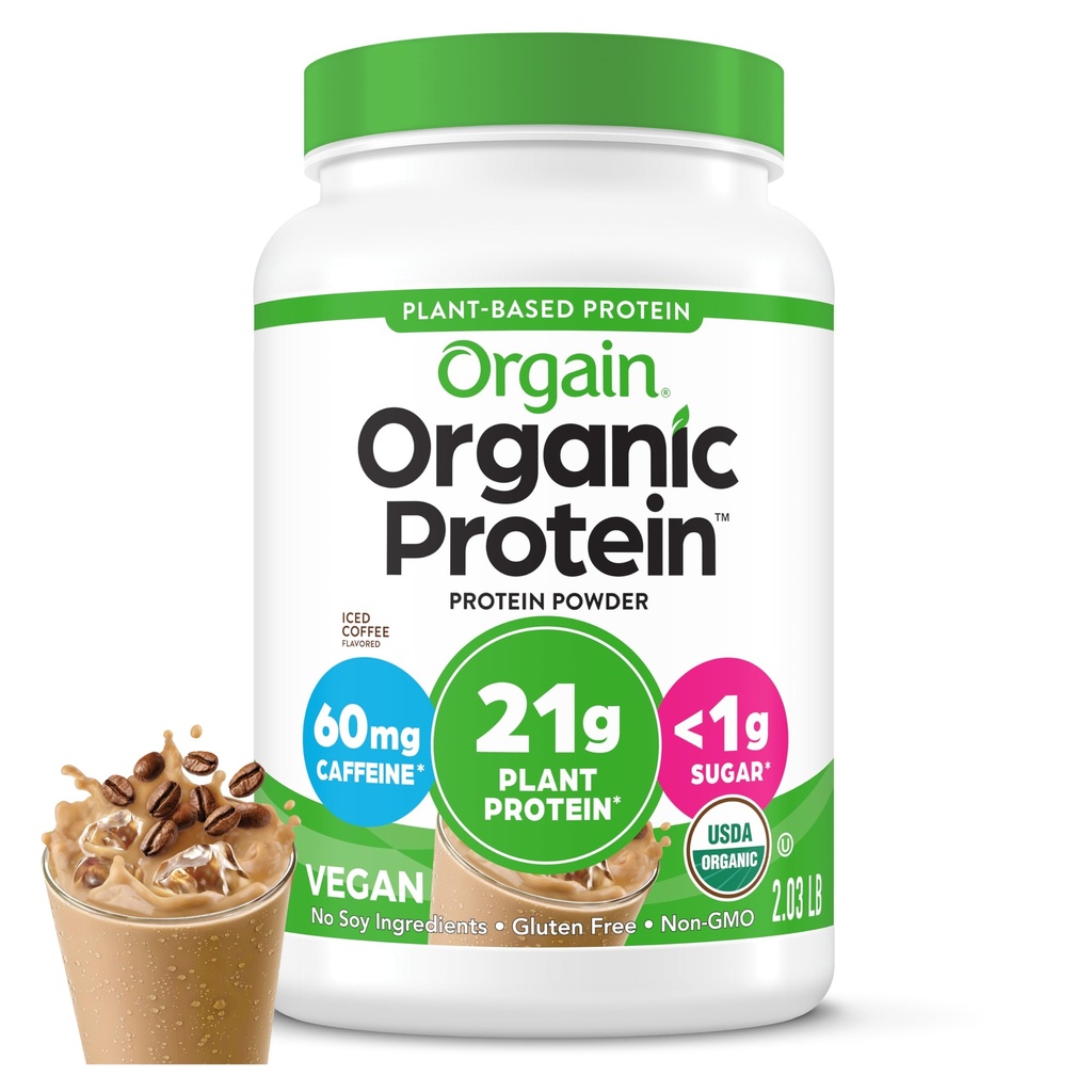 Orgain Organic Vegan Protein Powder, Mrożona kawa - 21g Białko roślinne, 60mg kofeiny, niskonetto Carb, Brak składników laktozy, Nie dodano cukru, Nie-GMO, Dla shakes & Smoothies, 2.03 lb
