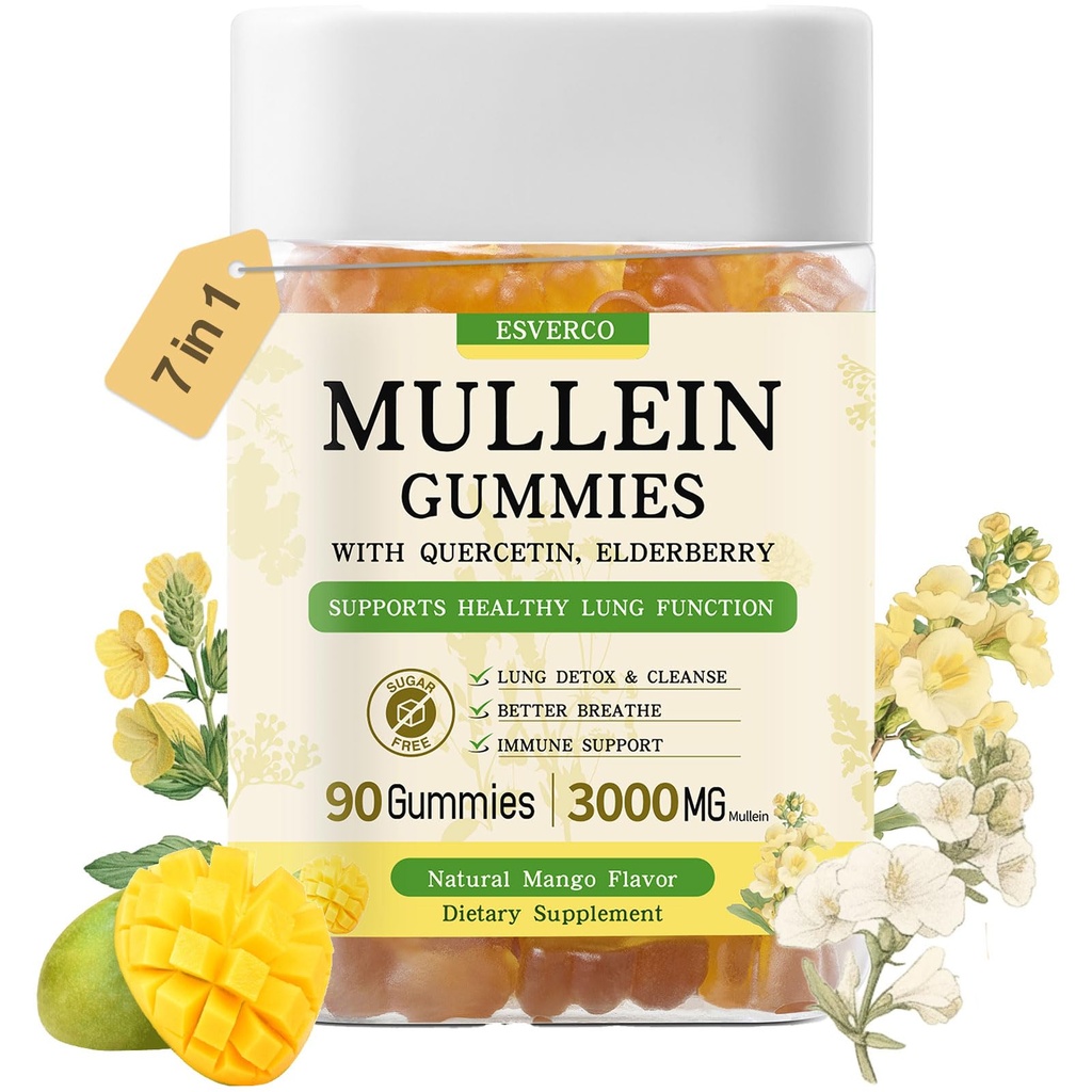 Mullein Gummies z 3600mg Mullein Leaf Extract, 7 w 1 dla Lung Cleanse, Zdrowie płuc, Immune Booster, Elderberry, Quercetin, Bromelain, Witamina C & D3, No Sugar, dla dorosłych, Wegan, 90 Hrabia