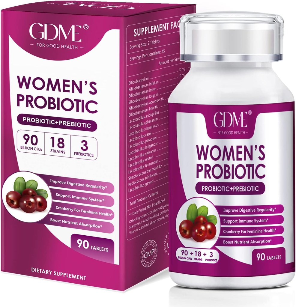 GDME Women's Probiotics, 90 Tablets 90 Billion CFU 18 Strains, Contains Organic Prebiotic Cranberry,Probiotic Supplement for Digestion, Immunity, Women's Health, Soy Gluten Dairy Free