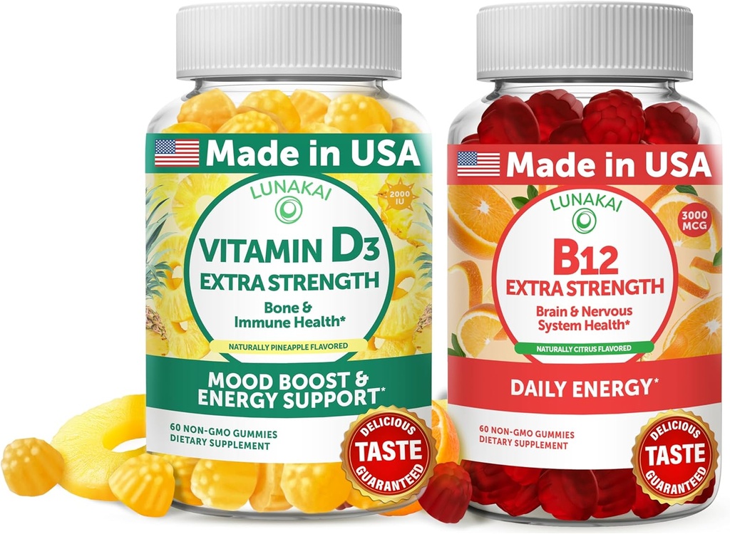 Lunakai Witamina D3 i Witamina B12 Gummies Bundle - Odporność, kości i nastrojów Wsparcie VIT D3 2000IU Suplement - 3000mcg Methylcobalamin Wysoka energia absorpcyjna Gummy - 30 Days Supply