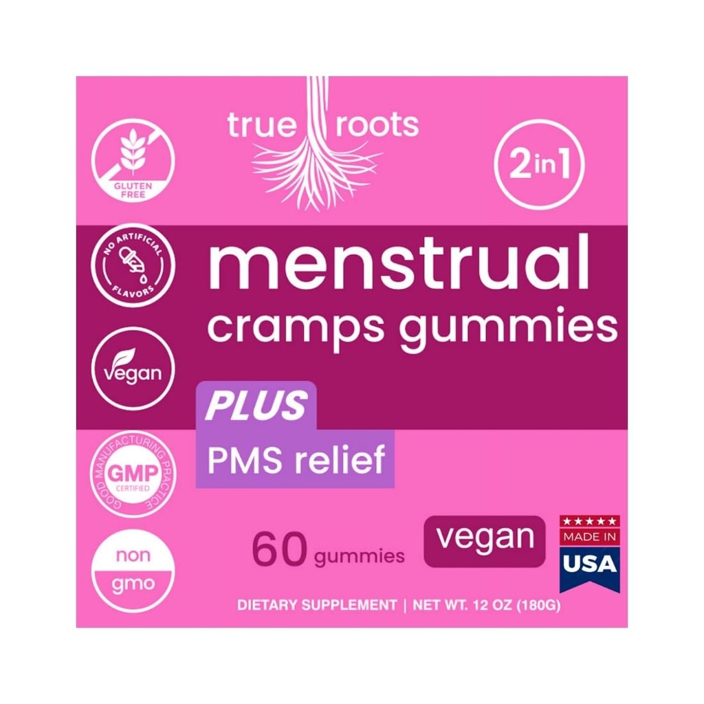 Menstrualny okres skurczu Gumies True Roots Budapest 124; PMS Supplement Supplement for Women Netherlands 124; Zdrowy przepływ powietrza 124; Flo PMS Menstrual Cycle Relief, skurcze i wzdęcia 124; Wegan & Natural Flavors