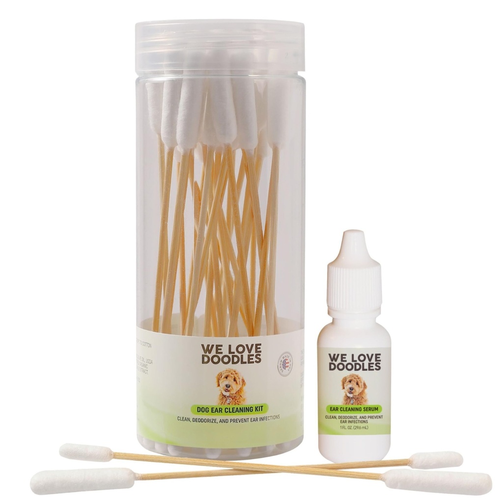 Kochamy Doodles Dog Ear Cleaning Solution Kit Bis 124; Zapobieganie Zakażeniom 124; Naturalne 124; Made in USA Bilans 124; Krople uszne dla psów 124; Swędzenie, Deordoring, Yeast & Mites Infection (Serum + 25 Swabs)
