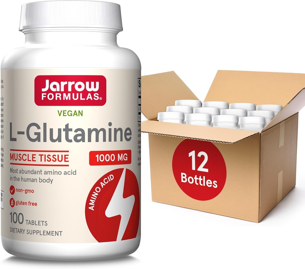 Jarrow Fixas L- Glutamine 1000 mg, Suplement diety dla tkanki mięśniowej, wielofunkcyjny kwas aminowy, Wsparcie immunologiczne, 100 Easy- Solv tabletki, 50- 100 Day Supply, Opakowanie po 12