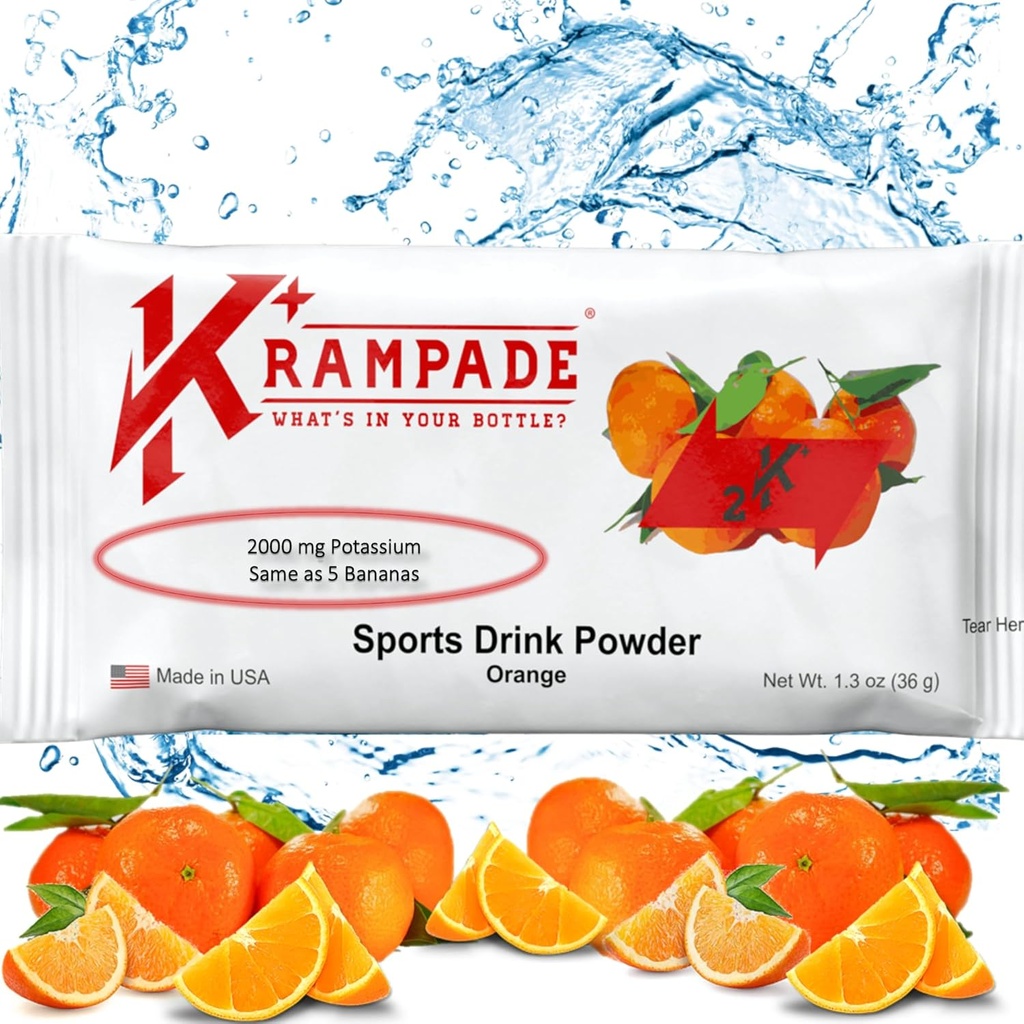 Krampade Original 2K - 2000 mg Potasu Electrolyte w proszku Drink Mix 124; Ulga skurczowa - Nawodnienie - Zwiększona wydajność 124; Pomarańcza - 20 Jednoporcjowych opakowań