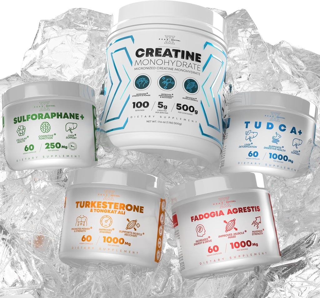 Bundle - Turkesterone & Tongkat Ali + Fadogia Agrestis + Creature + Sulforaphane + TUDCA - Boost Stamina, Wzrost mięśni, Zdrowie wątroby, Funkcje kognitywne & Detox - Made in USA
