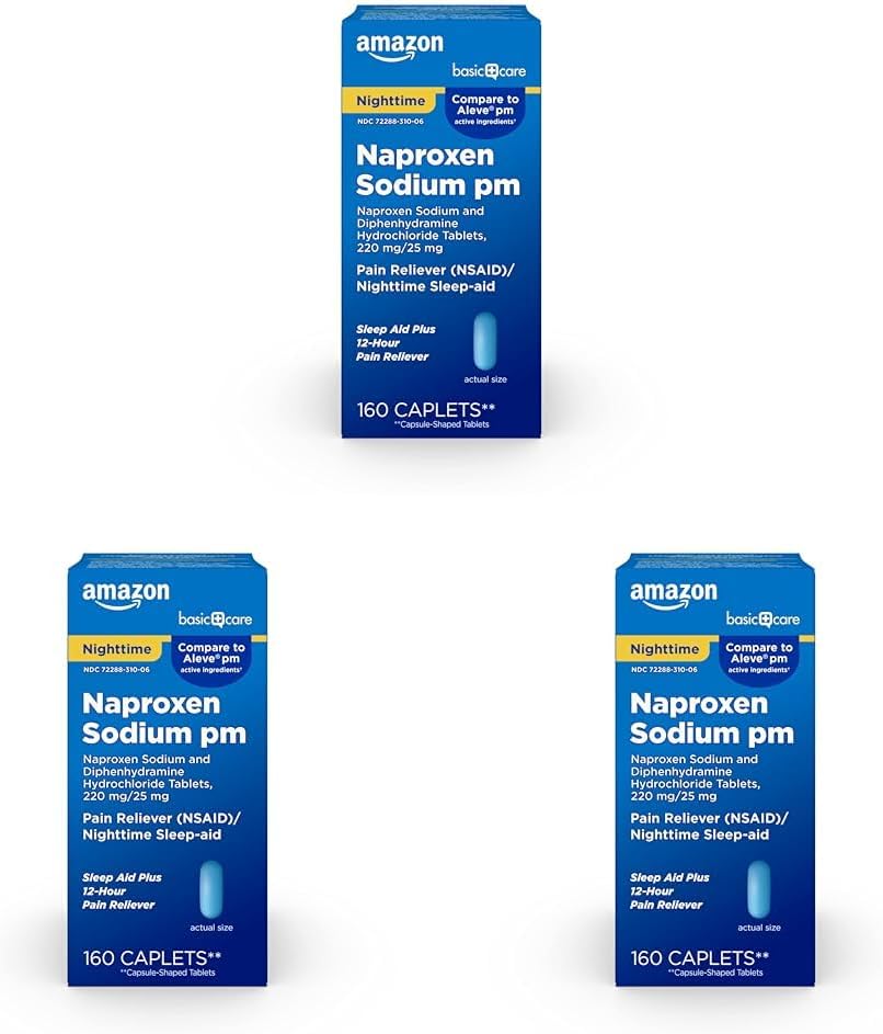 Basic Care All Night Pain Relief PM, Naproxen Sodu, 220 mg / Difenhydramine Hydrochloride, 25 mg Tablets, Pain Reliever / Nighttime Sleep- Aid, 160 Count (Opakowanie po 3)