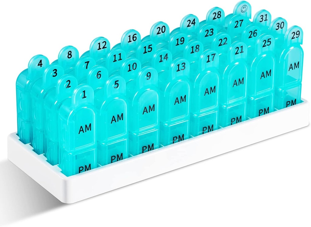 Daviky Monthly Pill Organizator 2 razy dziennie, 30 dzień Pill Box AM PM z oddzielnym kontenerem, Miesiąc medycyny Case Dwa razy dziennie, aby utrzymać witaminy, suplementy i leki (Cyan)