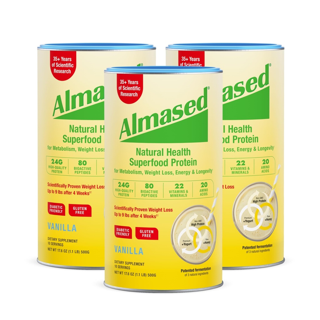 Almated Vanilla Meal Explacement Shake - Niskie -Glicemiczne Wysokiej Roślin Białko Powder - Nutritional Weight Health Supplement - Vanilla Flavor - 17.6 oz (1.1 Funt (3 Pack))